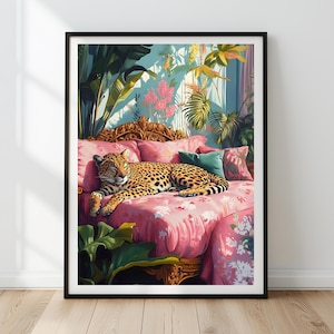Sleeping Leopard Art Print: Pink & Green Jungle Decor (Digital Download)