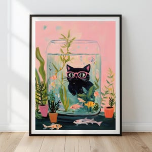 Schwarze Katze und Fischglas Wandkunst, schwarze Katze Malerei druckbare, niedliche Tier Poster, Mädchenzimmer digitale Kunst, schwarze Katze Kunst Download
