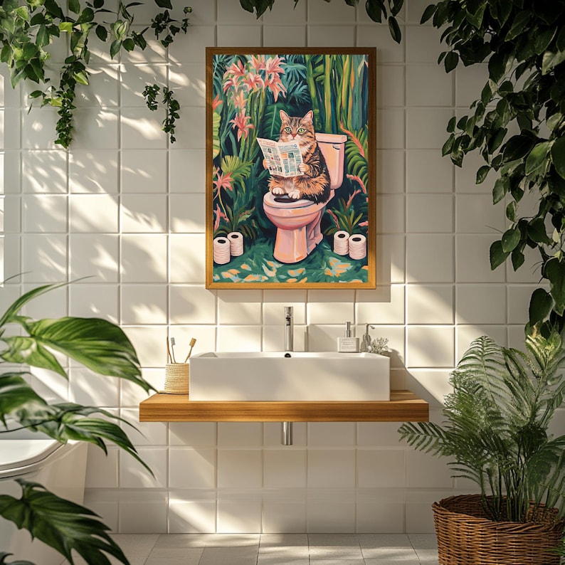 Tabby Cat Reading Newspaper on Toilet Art Print, Funny Bathroom Decor ...