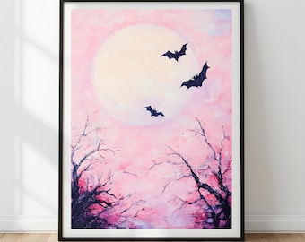 Pink Halloween Bats & Moon Print: Girl's Nursery Pastel Decor (Digital Download)