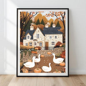 Autumn Village Farmhouse Print: Rustic Pumpkin & Duck Art (Digital Download)