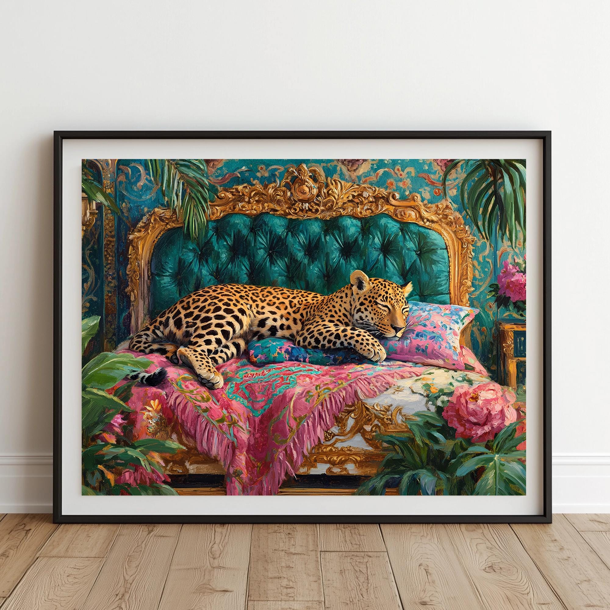 『 Green Leopard fam 』by Zuberi 60*60cm Emerald Green Leopard Print | Whimsigoth Maximalist Wall Art