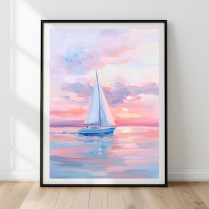 Pastel Pink Sailboat Painting | Sunset Art Print | Coastal Wall Decor | Coastal Summer Boat Wall Art| Nautical Beach House Digital Download