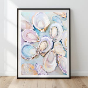 Dipinto di conchiglie di ostriche dai colori pastello / Stampa artistica da parete astratta di una casa sulla spiaggia costiera / Download digitale stampabile di una cucina estiva da pranzo