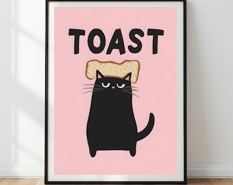 Funny Black Cat Art Print | Cat with Toast, Kitten Illustration (Digital Download)