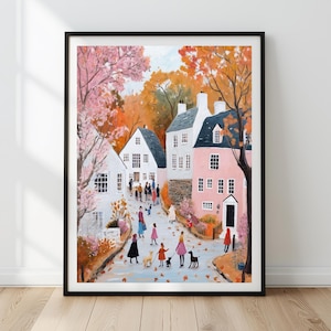 Cozy Fall Painting, Cute Autumn Decor, Warm and Pink Tone Cottagecore Printable, Cozy Season Cityscape Printable Art, Digital Download