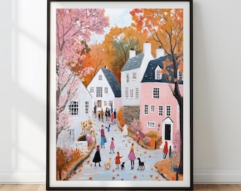Cozy Fall Painting, Cute Autumn Decor, Warm and Pink Tone Cottagecore Printable, Cozy Season Cityscape Printable Art, Digital Download