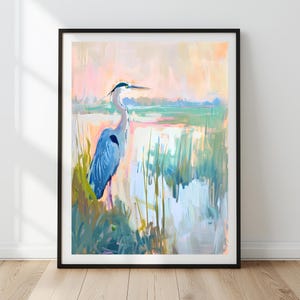 Afdrukbare kunst blauwe reiger moeras | Muurdecoratie vogel reiger | Schilderij kustmoerasland | Herfstkustlandschap | Digitale download