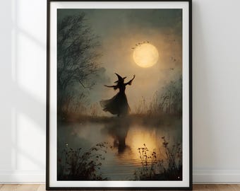 Lámina vintage de bruja de Halloween / Arte mural rústico de luna llena (descarga digital)