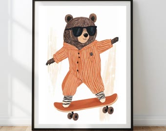 Skateboarding Bear Nursery Art Print: Whimsical Kids Room Decor (Digital Download)