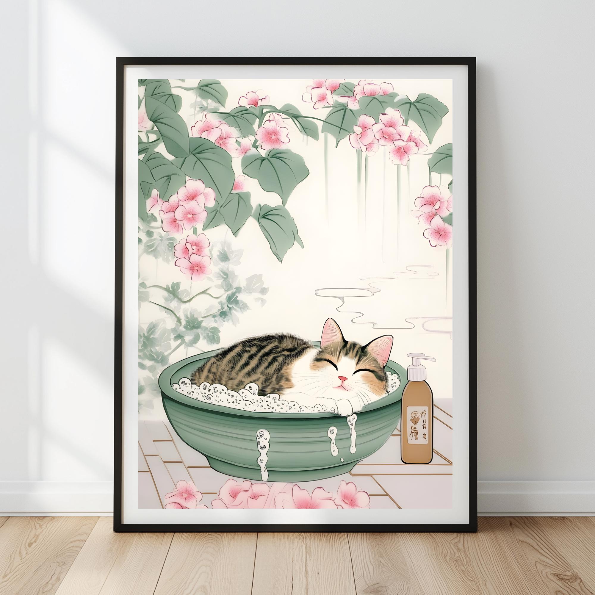 Tabby Cat Japanese Bath Art Print | Minimalist Bathroom Decor (digital ...