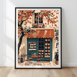 Könnte beinhalten: Ein Gemälde eines kleinen Ladens mit einem grünen Vordach und einer Schaufensterauslage mit Gebäck. Der Laden ist von einem Baum mit orangefarbenen Blüten umgeben und zwei Stühle und ein Tisch stehen draußen.