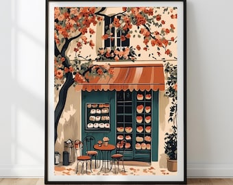 Arte de parede para café e padaria no outono | Aquarela de padaria francesa | Decoração de cozinha outonal | Decoração de café parisiense no outono | Download digital