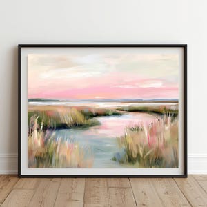 Pastel Marsh Sunset Landscape | Carolina Lowcountry Coastal Watercolor | Pink Beach House Wall Art Print | Digital Download Printable Art