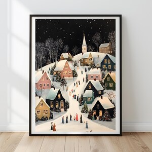 Christmas Village Print: Winter Night Snowy Town Holiday Decor (Digital Download)