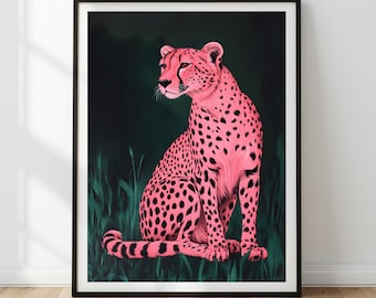 Konsttryck med rosa gepard | Smaragdgrön maximalistisk dekor (digital nedladdning)