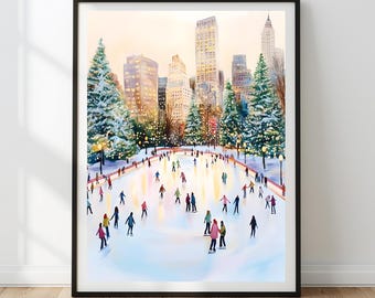 May include: A framed art print depicting an outdoor ice skating rink in a city park during winter. The scene features numerous people skating on the ice, surrounded by snow-covered evergreen trees and a backdrop of tall city skyscrapers.