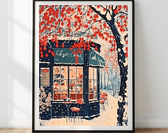 Cozy Patisserie Wall Art Print | Winter Bakery Christmas Decor | French Cafe Holiday Printable | Charming Snowy Scene | Digital Download