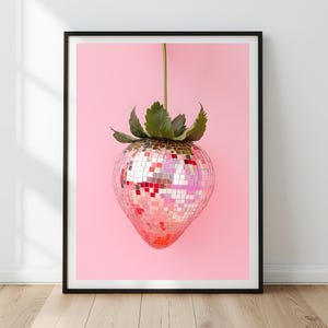 Pink Disco Strawberries Art Print | Glam Disco Ball Strawberries | Trendy Kitchen Decor | Preppy Wall Art Poster | Digital Download | Gift