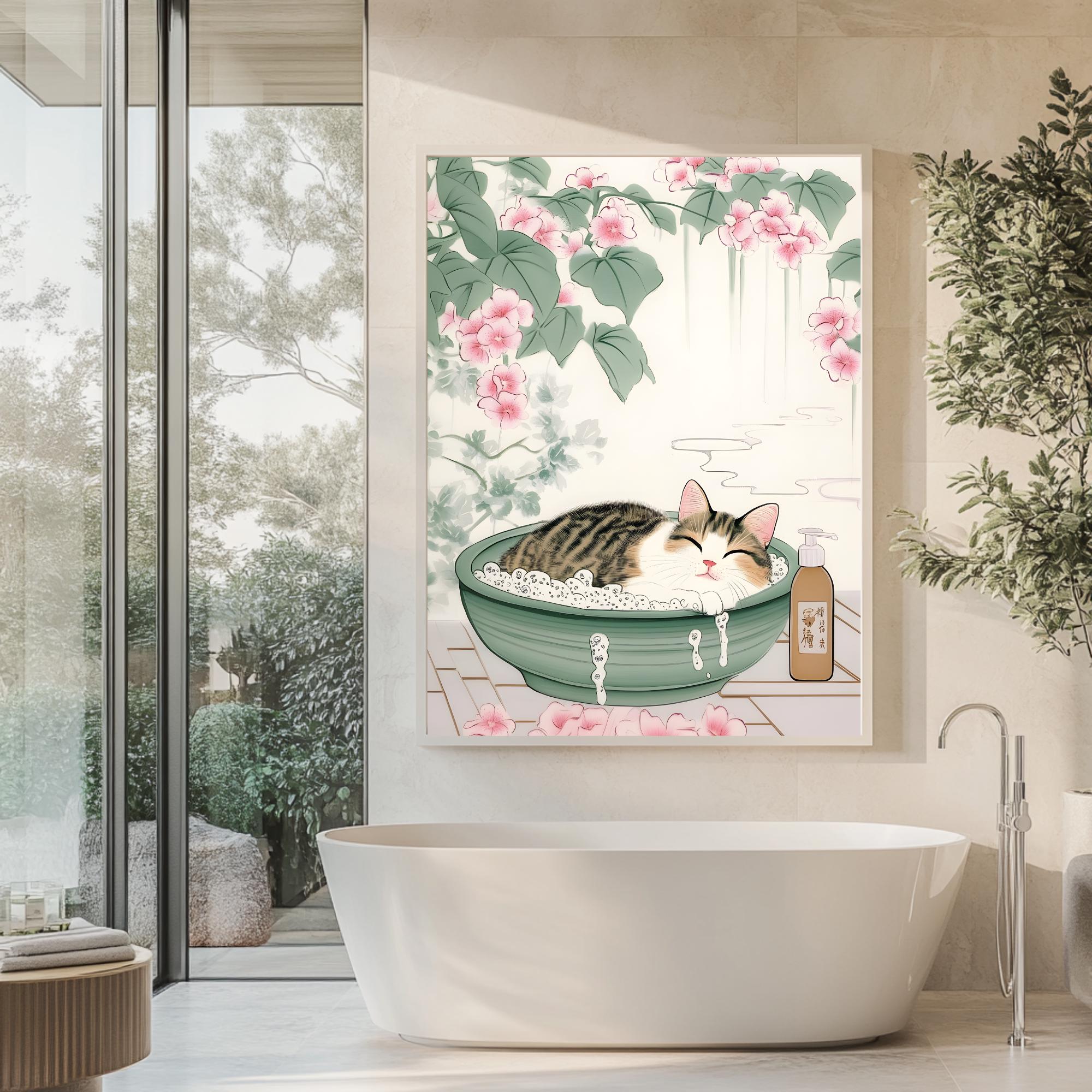 Tabby Cat Japanese Bath Art Print | Minimalist Bathroom Decor (digital ...