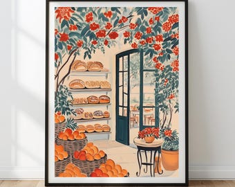 フレンチベーカリーの水彩画：カフェキッチンの壁アート（デジタルダウンロード）