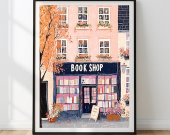 Autumn Bookstore Wall Art Print | Cozy Bookish Decor | Book Lover Printable Art | Reading Nook Digital Download | Vintage Bookshop Print