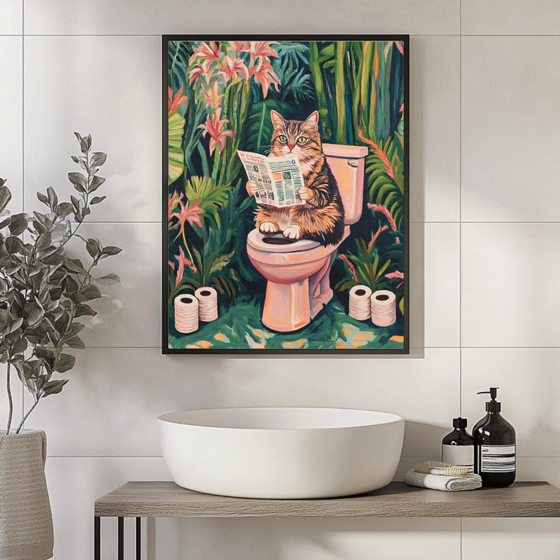 Tabby Cat Reading Newspaper on Toilet Art Print, Funny Bathroom Decor ...