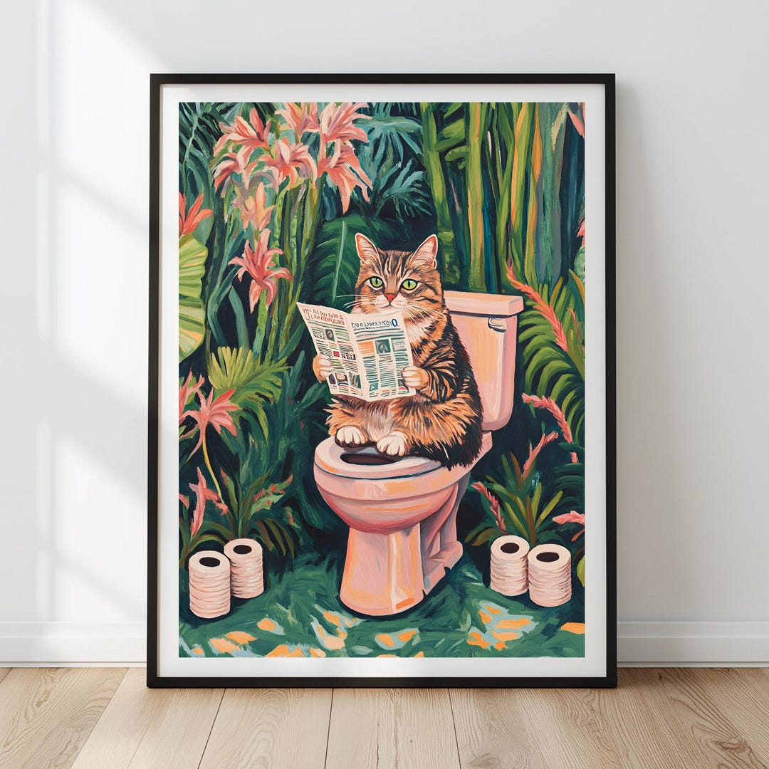 Tabby Cat Reading Newspaper on Toilet Art Print, Funny Bathroom Decor ...