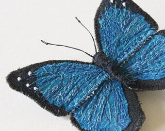 Menelaus Blue Morpho Textile Brooch Embroidery Silk Linen Natural History Wildlife Fiber Art Jewelry Nature Lover