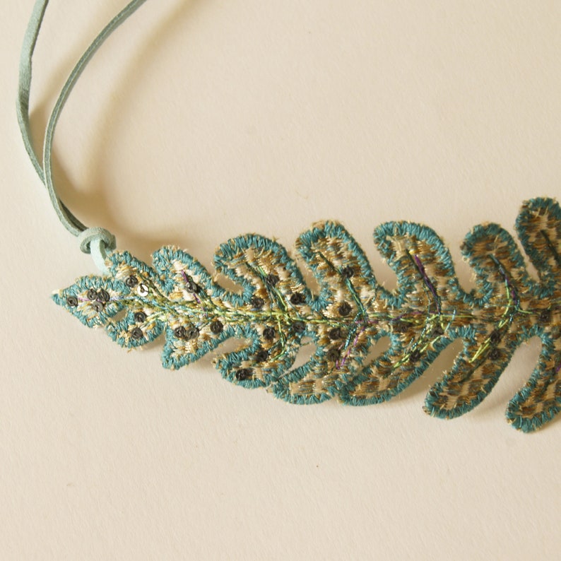 Hair Accessory Blue Green Silk Bun Wrap Botanical Accessory Gift for Her Metallic Hair Ornament Golden Leaf Textile Fern Leaf