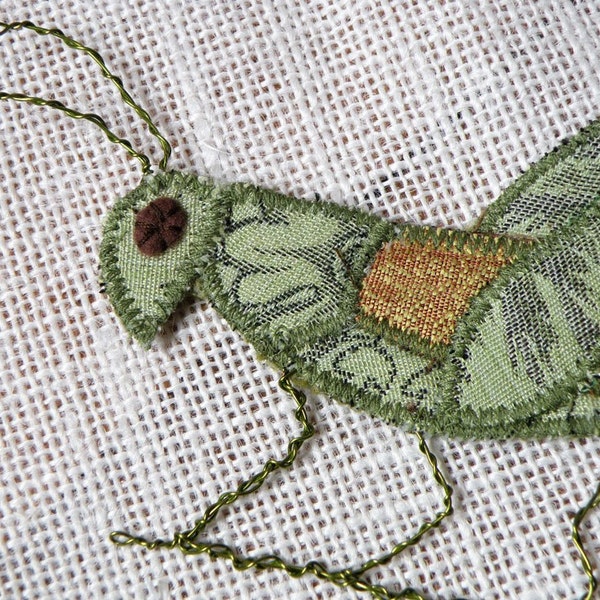 Handmade Fabric Insect Brooch -  Grasshopper - Textile Artisan Jewelry