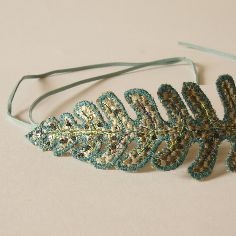 Hair Accessory Blue Green Silk Bun Wrap Botanical Accessory Gift for Her Metallic Hair Ornament Golden Leaf Textile Fern Leaf