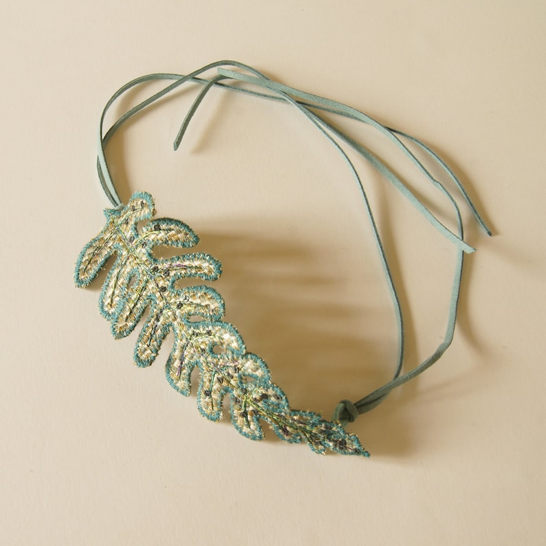 Hair Accessory Blue Green Silk Bun Wrap Botanical Accessory Gift for Her Metallic Hair Ornament Golden Leaf Textile Fern Leaf