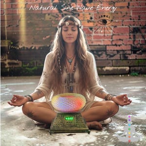 Könnte beinhalten: Eine Person in sitzender Meditationshaltung mit einer hellen Tunika und einem Blumenstirnband. Vor ihr steht ein Gerät mit einer leuchtenden, strukturierten, mehrfarbigen Kuppel und einer Digitalanzeige mit 432.0. Der Text lautet Natural Sine Wave Energy.