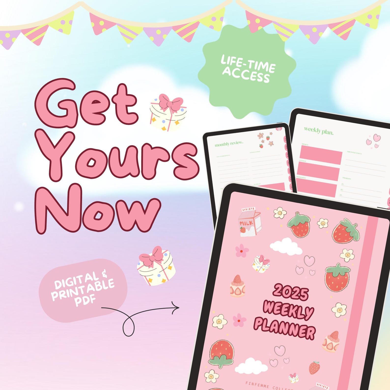 Weekly Digital Kawaii Cute Planner, Printable Downloadable Pink Digital ...
