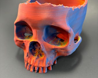 3D Printed Skull Bowl - Gothic Desk Organizer, Red & Blue Matte