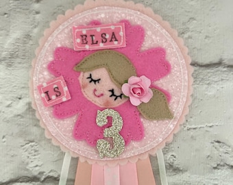 Birthday Badge, Pink Flower Fairy Princess theme Handmade Rosette, Personalised Birthday Badge, Birthday Rosette, Age Badge