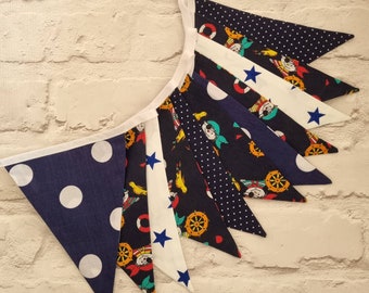 Handmade Party Flag Banner Bunting Navy White Stars Polka Dots Pirate ideal for a Birthday Party or Celebration or Photo prop