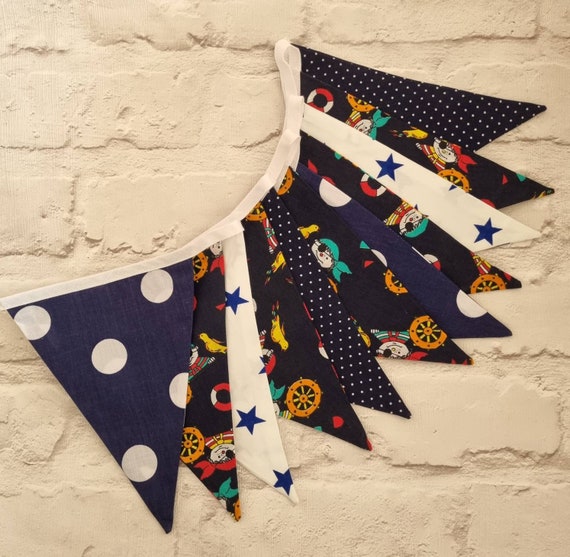 Handmade Party Flag Banner Bunting Navy White Stars Polka Dots Pirate