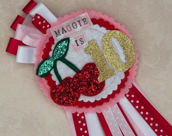 Birthday badge, handmade red and pink  with cherry theme, age badge, cherries birthday badge, personalised gift