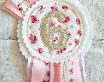 Personalised Ditsy Floral Ivory and Gold Birthday Rosette Badge - Birthday Badge - Age Rosette