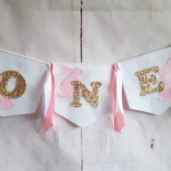 Pink Green and Yellow Glitter High Chair Banner - Raggy Fabric Bunting - Peter Rabbit theme - First Birthday Party - Photo Prop - Cake Smash
