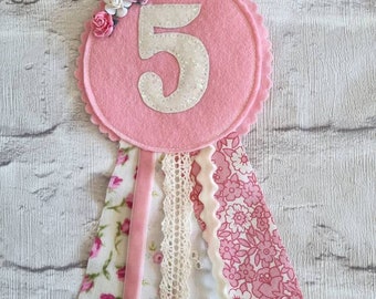 Birthday Badge, Handmade Rosette, Personalised Birthday Badge, Ditsy Floral Pink and Ivory Birthday Rosette, Age Badge