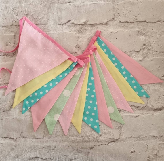 Handmade Party Flag Banner Bunting Pink and Green and Yellow ideal for