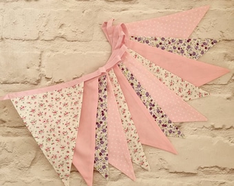 Handmade Party Flag Banner Bunting Pink Lilac Floral and Polka Dot fabrics ideal for a Birthday Party or Celebration or Photo prop