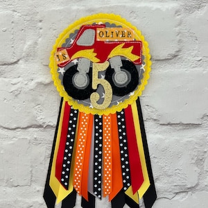 Personalised Birthday Badge -  Boys Monster Truck Badge -Vehicle Rosette Badge - Birthday Party Badge - Age Badge - made to order