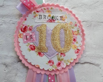 Personalised Party Pretty Floral Birthday Badge - Age Badge - Girls Birthday Ribbon Pin - Pink Roses - made to order