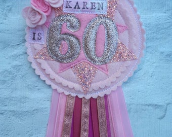 Rose gold and Pink 40 50 60 70 80 90 Birthday Glitter Rosette Badge Age Ribbon Rosette made to order