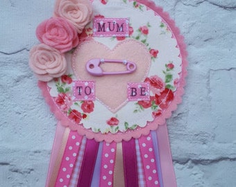 Personalised Baby Shower Rosette Badge girl boy Ribbon Rosette Pretty Florals made to order