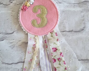 Personalised Ditsy Floral Pink and Gold Birthday Rosette Badge - Birthday Badge - Age Rosette